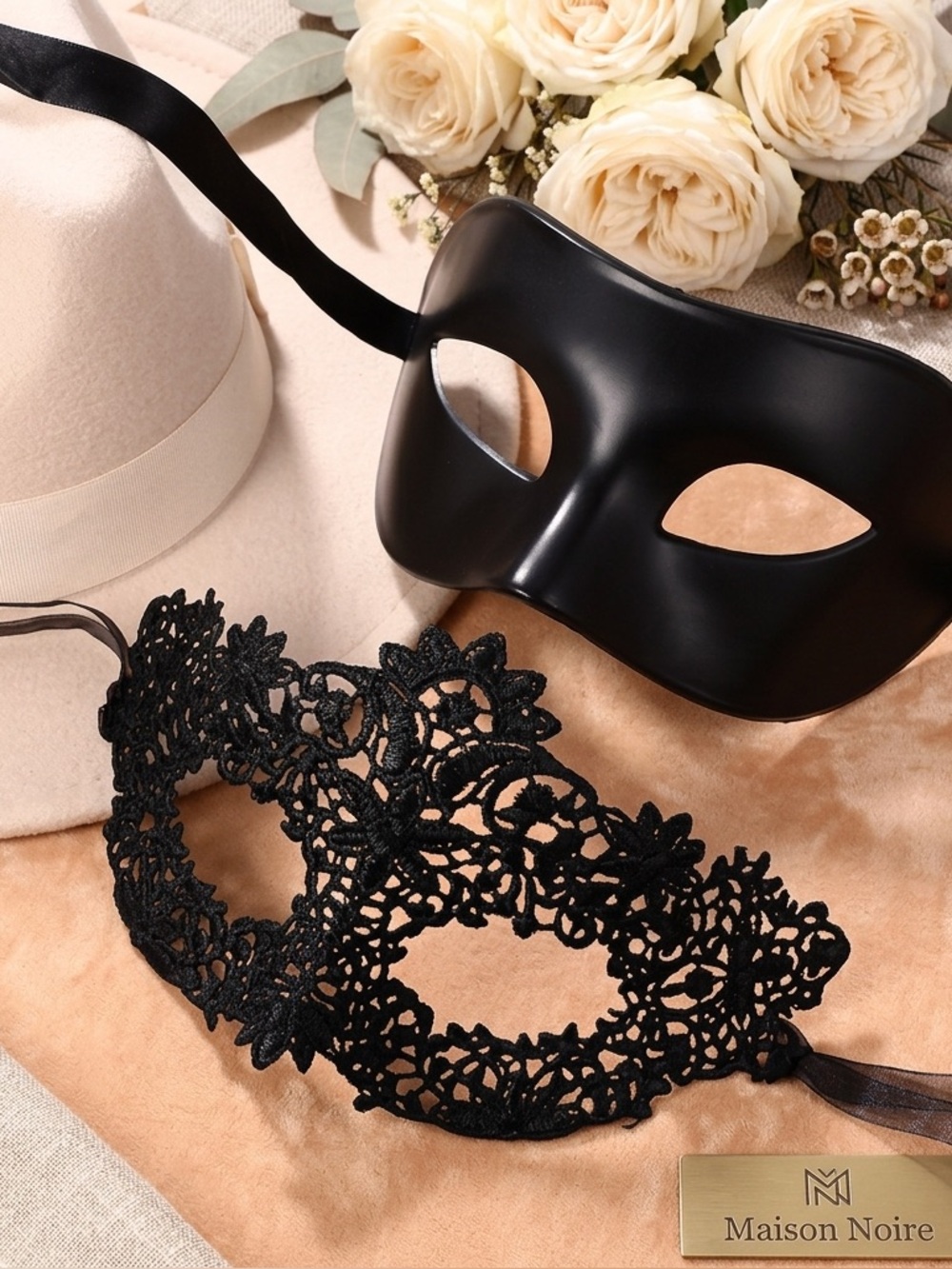 Luxury Masquerade Mask Set for Couples – Black Lace & Matte Lace Venetian Masks